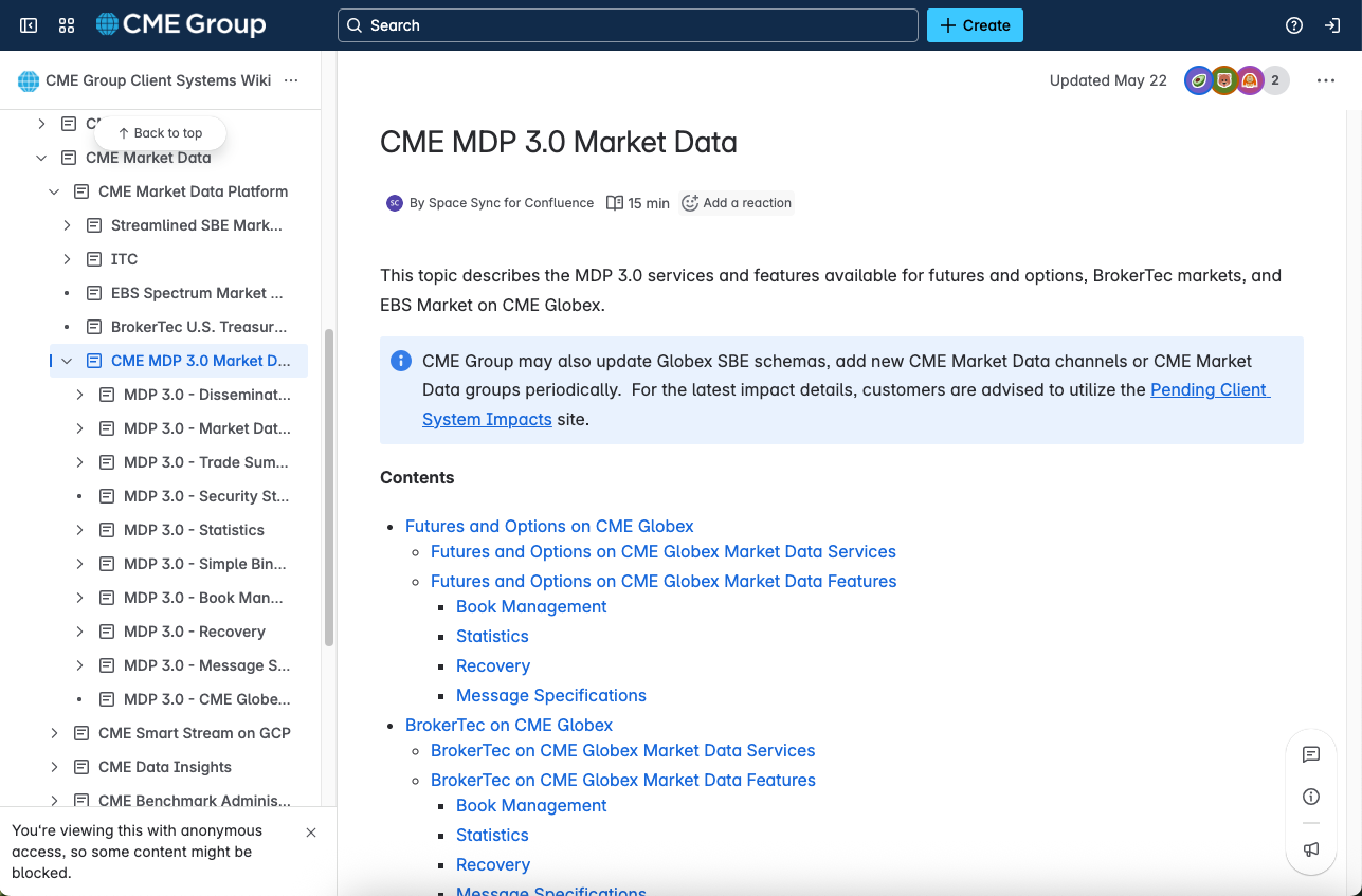 A screenshot with information about the MDP 3.0 Market data